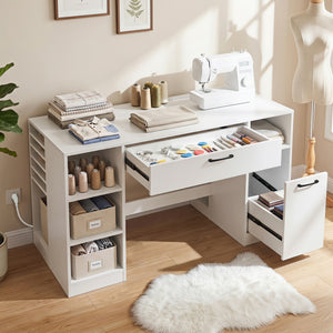Sewing Table with Power Outlets Craft Station Desk with 2 Drawers Open Compartments-White