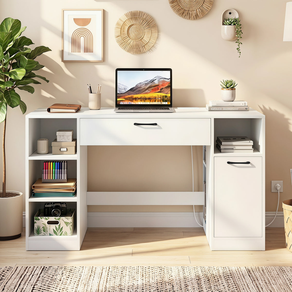 Sewing Table with Power Outlets Craft Station Desk with 2 Drawers Open Compartments-White