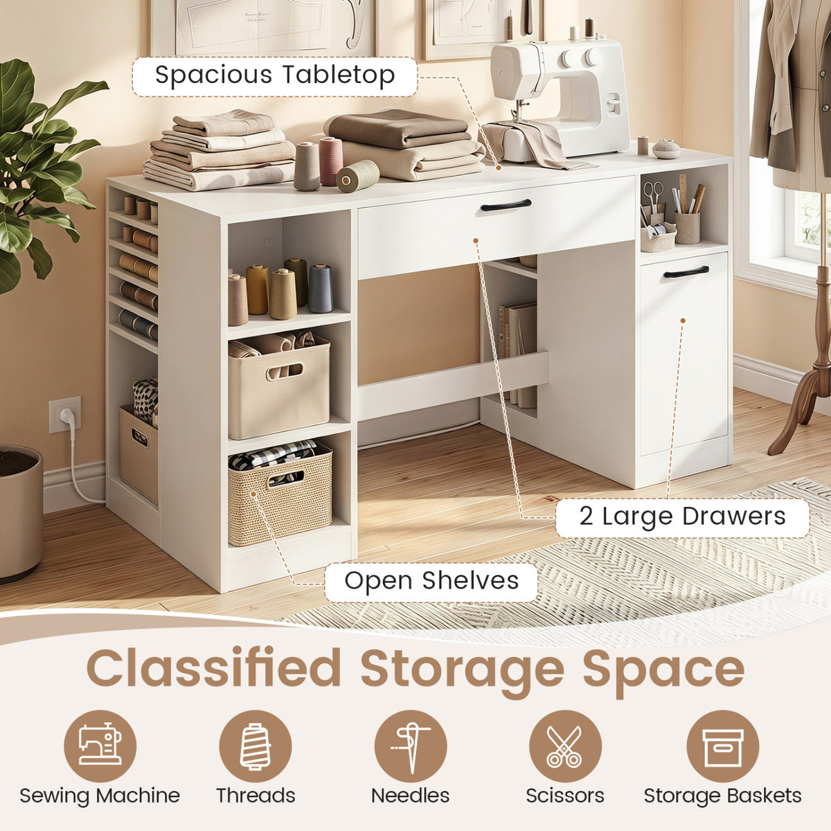 Sewing Table with Power Outlets Craft Station Desk with 2 Drawers Open Compartments-White