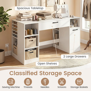 Sewing Table with Power Outlets Craft Station Desk with 2 Drawers Open Compartments-White
