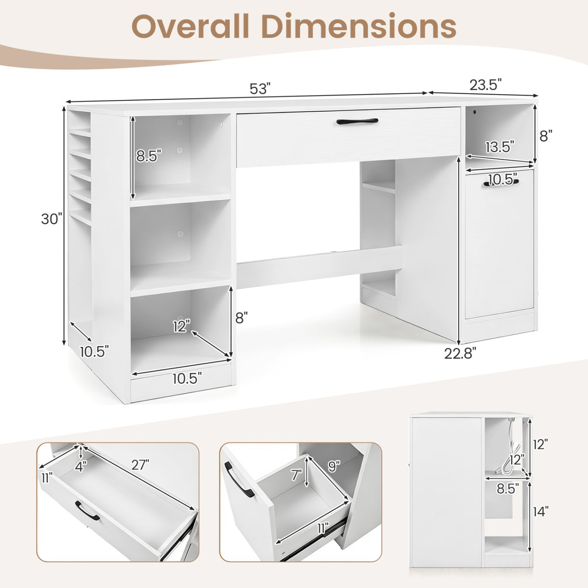 Sewing Table with Power Outlets Craft Station Desk with 2 Drawers Open Compartments-White