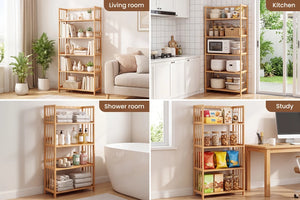 Bamboo Bookshelf with Adjustable Shelves, Narrow 4 or 5 Tier Wooden Bookcase, Natural Storage Shelf Organizer for Small Spaces, Bedroom, Living Room, Home Office, Standing Shelf