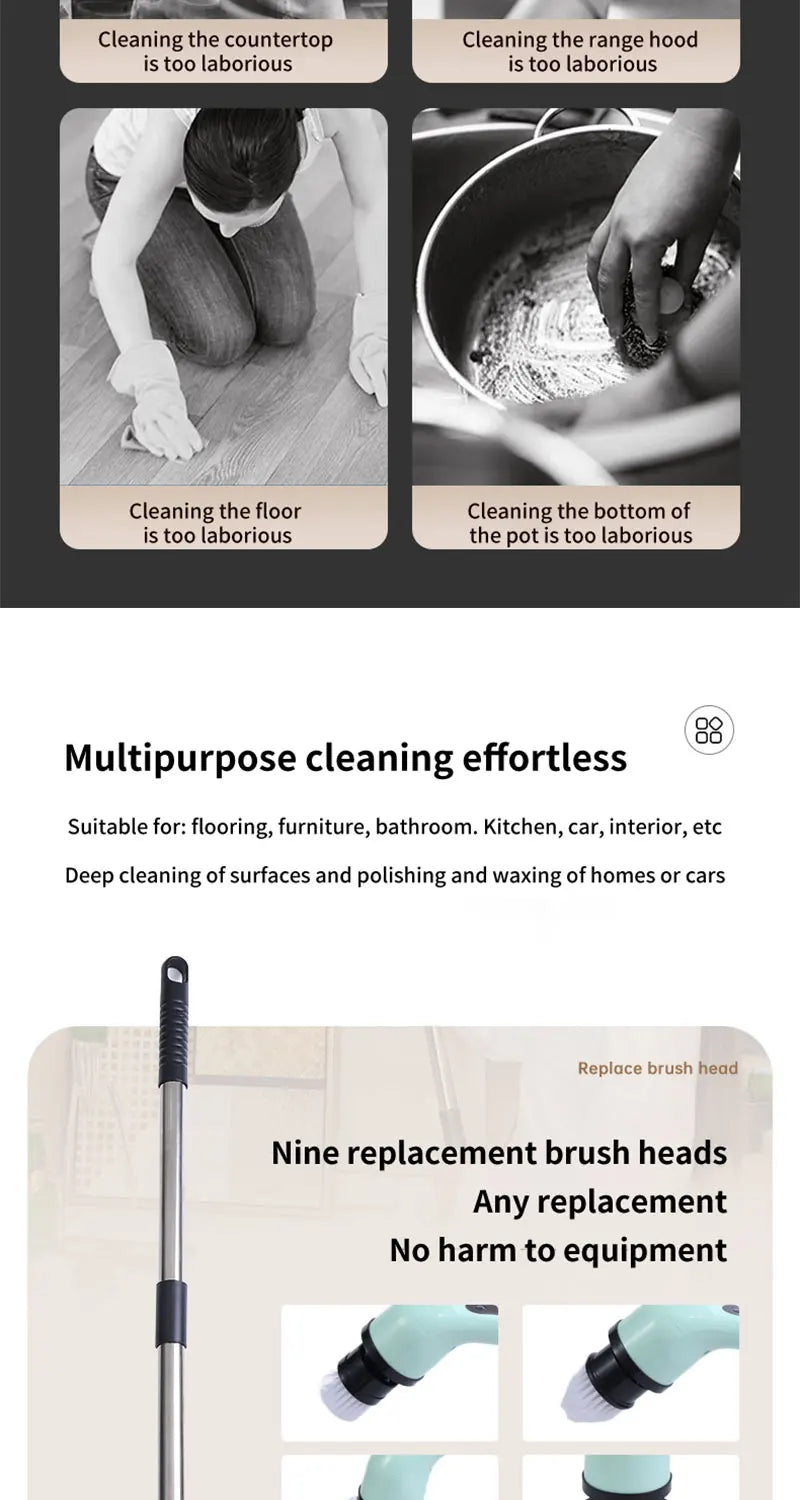 9 in 1Electric Spin Scrubber,Cordless Cleaning Brush Shower Scrubber – Adjustable Extension Handle Waterproof for Tub Tile Floor