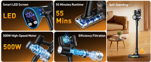 Cordless Vacuum Cleaner, 55Kpa/55Mins Vacuum Cleaners for Home, Anti-tangle Stick Vacuum with Self-Standing, Wall Mount Charging