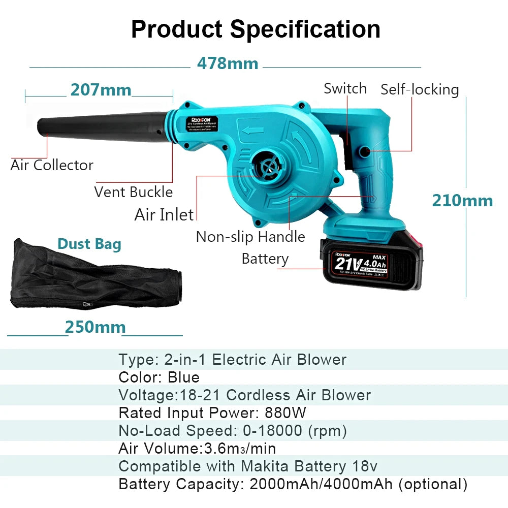 2 In 1 Electric Air Blower Garden Cordless Vacuum Cleaner Dust Computer Collector Handheld Power Tools For Makita 18V Battery