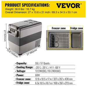Portable Car Fridge (20-55L) with Dual Power (12/24V DC, 110-240V)