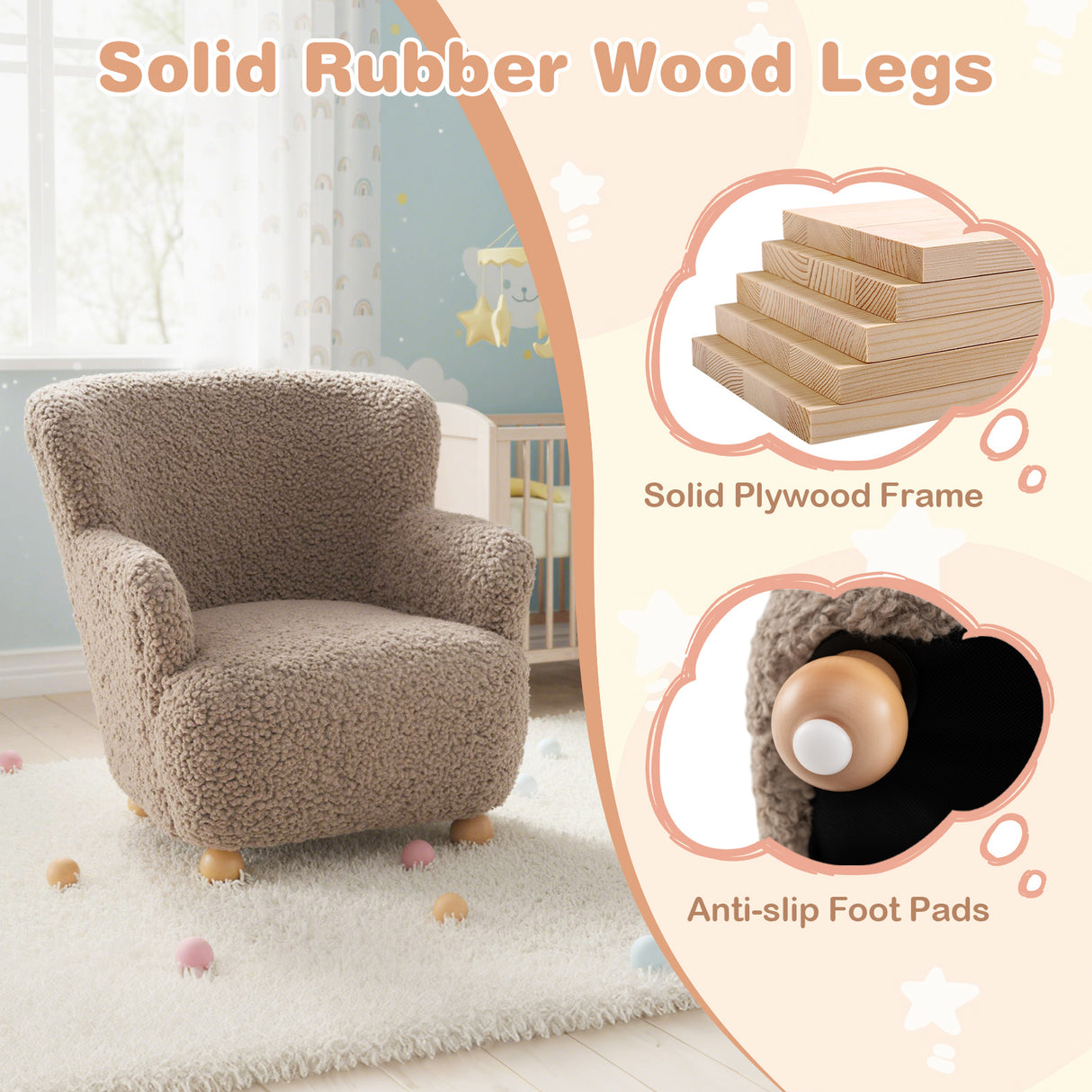 Sherpa Kids Sofa Comfy Toddler Armchair with Solid Rubber Wood Legs-Rustic Brown