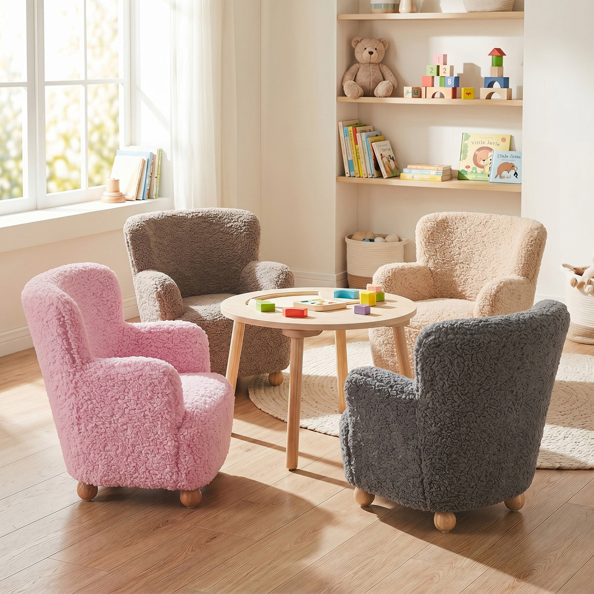 Sherpa Kids Sofa Comfy Toddler Armchair with Solid Rubber Wood Legs-Light Pink