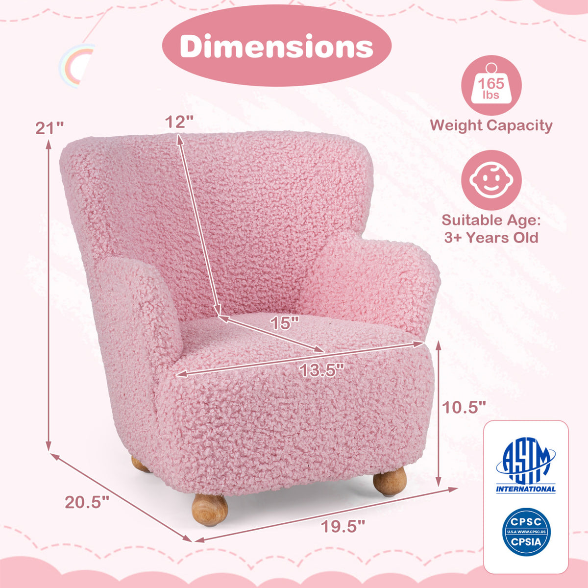 Sherpa Kids Sofa Comfy Toddler Armchair with Solid Rubber Wood Legs-Light Pink