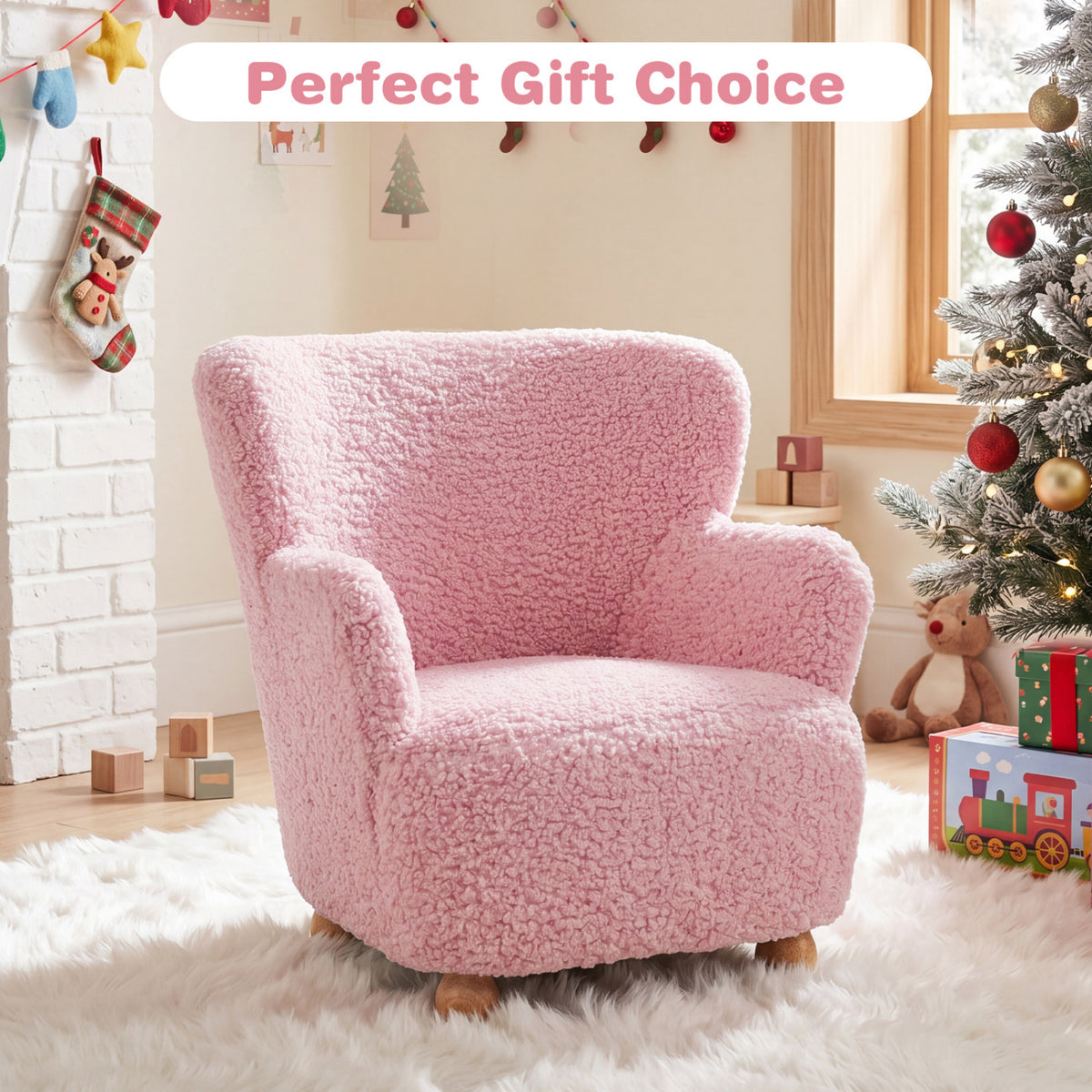 Sherpa Kids Sofa Comfy Toddler Armchair with Solid Rubber Wood Legs-Light Pink