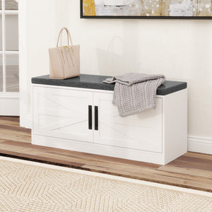 Shoe Bench with Cushion Farmhouse Shoe Rack Organizer with 2 Barn Doors-White