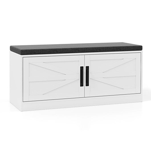 Shoe Bench with Cushion Farmhouse Shoe Rack Organizer with 2 Barn Doors-White