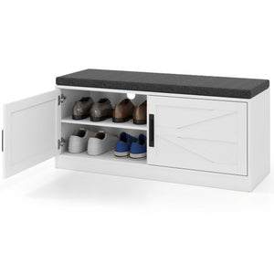 Shoe Bench with Cushion Farmhouse Shoe Rack Organizer with 2 Barn Doors-White