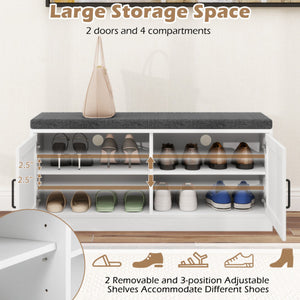 Shoe Bench with Cushion Farmhouse Shoe Rack Organizer with 2 Barn Doors-White