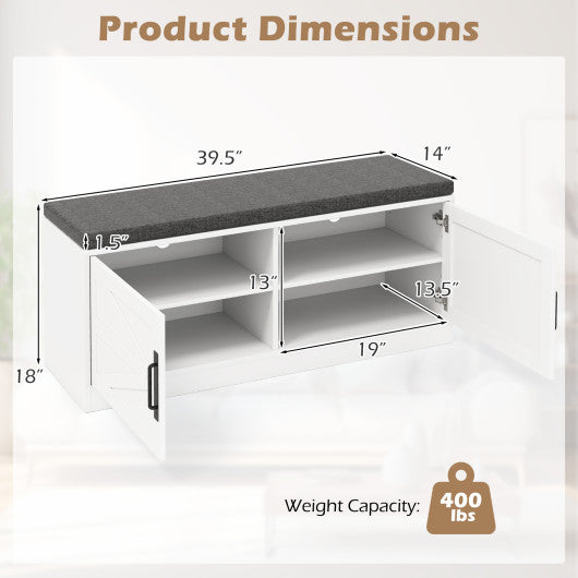 Shoe Bench with Cushion Farmhouse Shoe Rack Organizer with 2 Barn Doors-White
