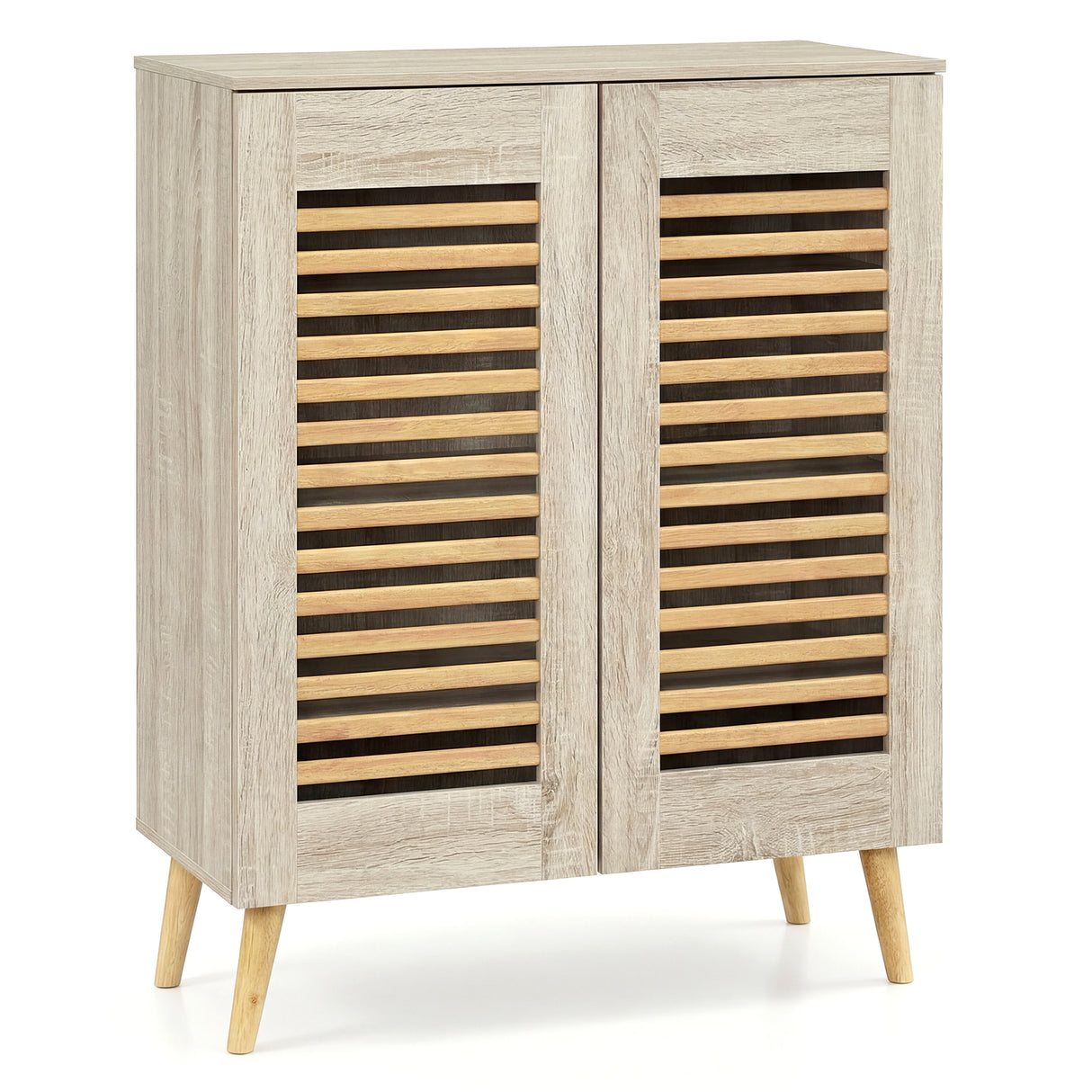 Shoe Cabinet with Louvered Doors and Removable Shelves-Natural