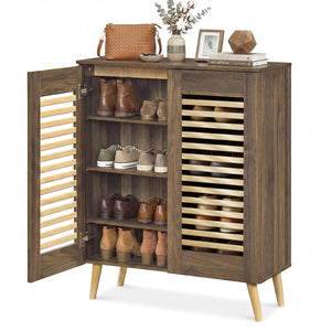 Shoe Cabinet with Louvered Doors and Removable Shelves-Walnut