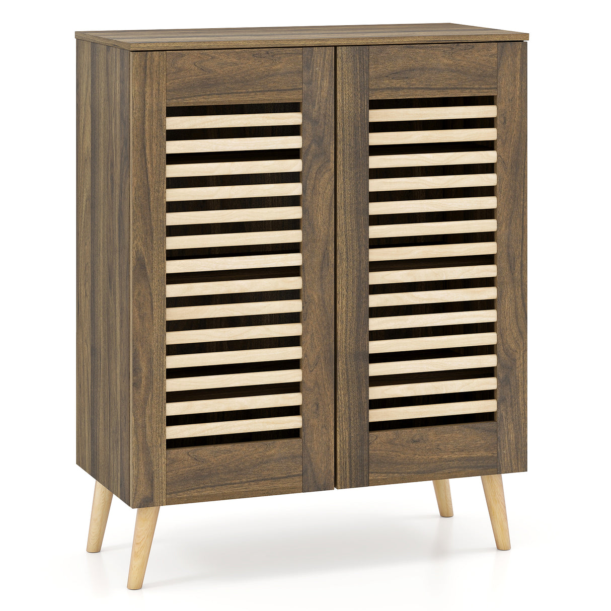 Shoe Cabinet with Louvered Doors and Removable Shelves-Walnut