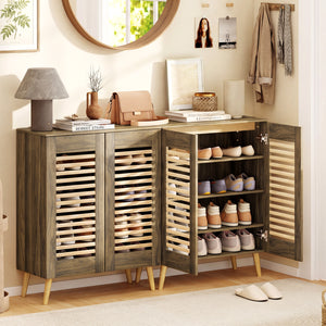 Shoe Cabinet with Louvered Doors and Removable Shelves-Walnut