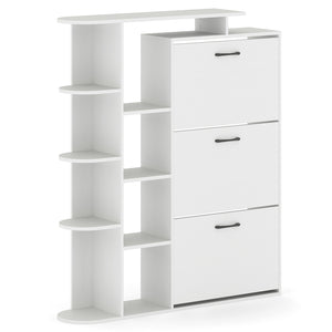 Shoe Cabinet with Open Shelves Modern Shoe Organizer with 3 Flip Drawers-White