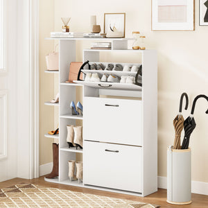 Shoe Cabinet with Open Shelves Modern Shoe Organizer with 3 Flip Drawers-White