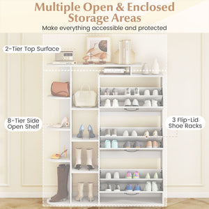 Shoe Cabinet with Open Shelves Modern Shoe Organizer with 3 Flip Drawers-White