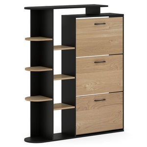 Shoe Cabinet with Open Shelves Modern Shoe Organizer with 3 Flip Drawers-Black