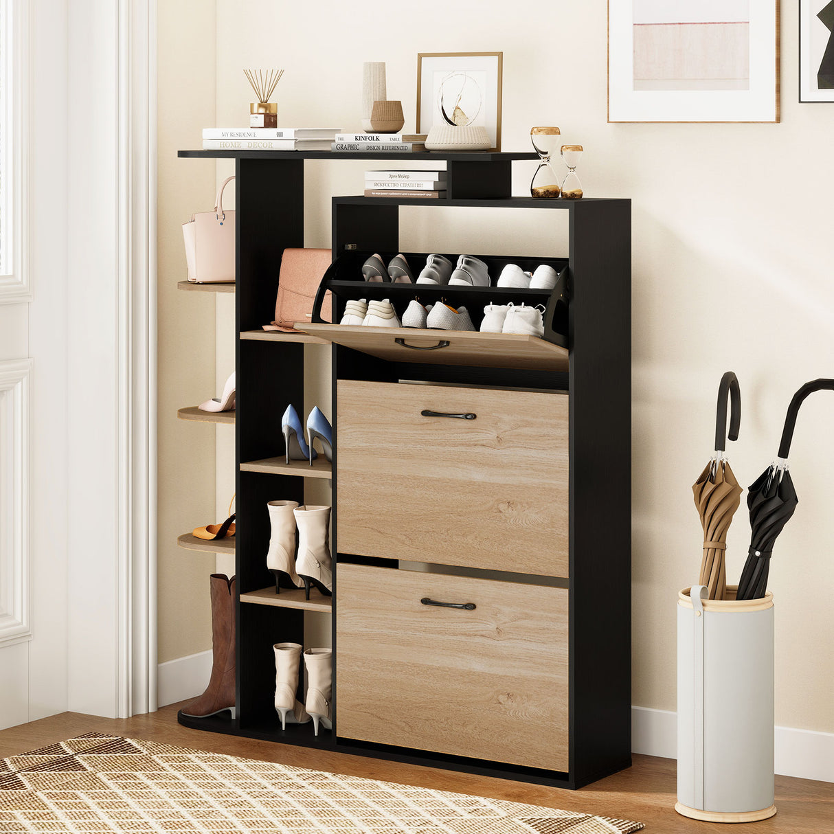 Shoe Cabinet with Open Shelves Modern Shoe Organizer with 3 Flip Drawers-Black
