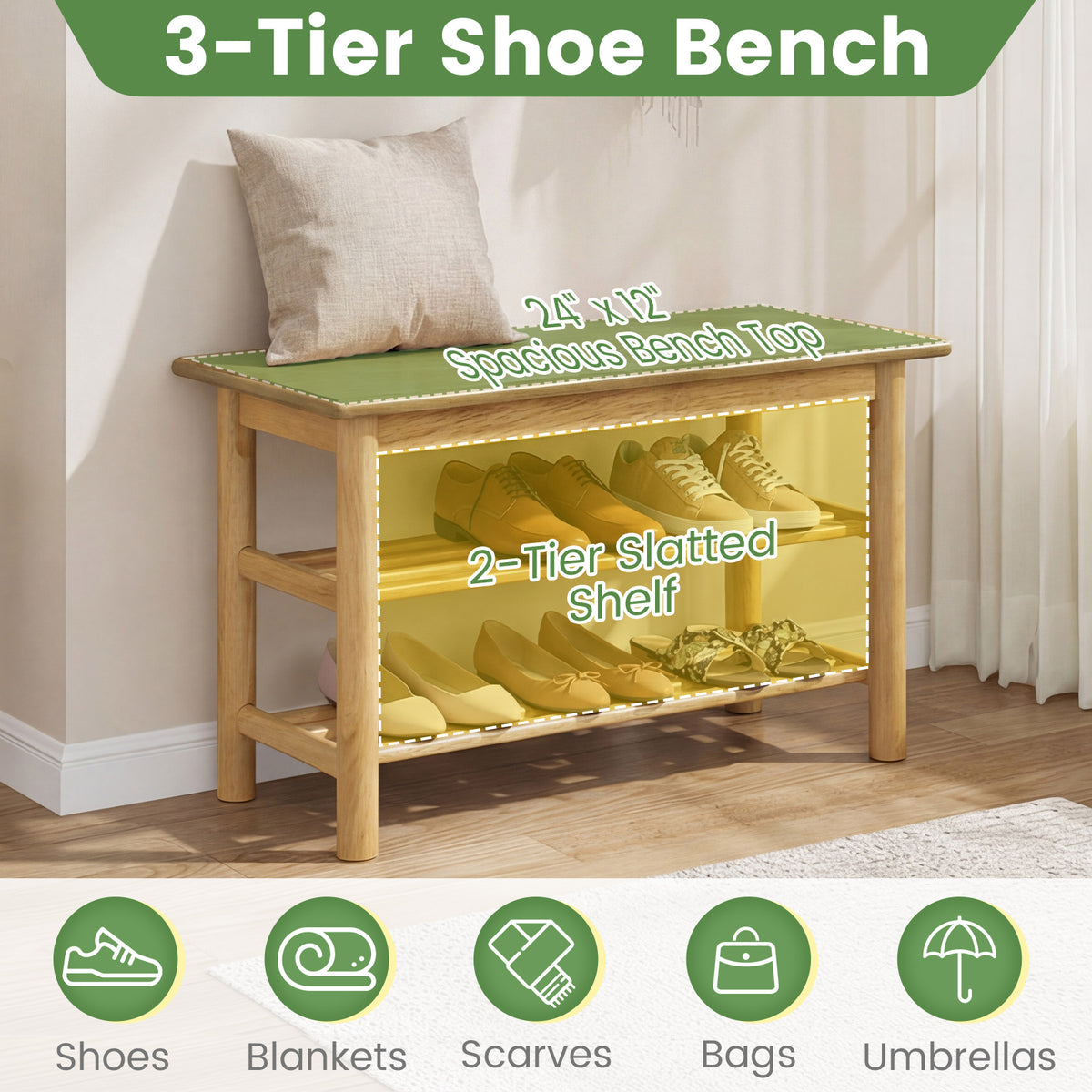 Shoe Rack Bench 3-Tier Rubberwood Shoe Changing Bench-Natrual