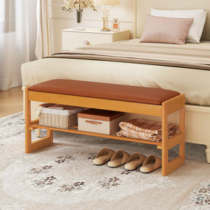 Shoe Rack Bench with Storage 2-Tier Rubberwood Entryway Bench with Flip-Open Storage-Brown