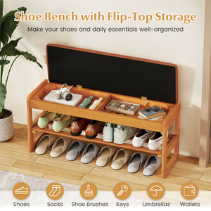 Shoe Rack Bench with Storage 2-Tier Rubberwood Entryway Bench with Flip-Open Storage-Brown