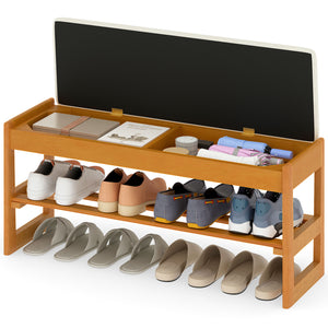 Shoe Rack Bench with Storage 2-Tier Rubberwood Entryway Bench with Flip-Open Storage-Beige