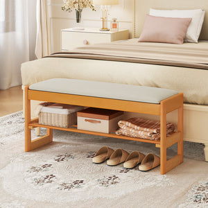 Shoe Rack Bench with Storage 2-Tier Rubberwood Entryway Bench with Flip-Open Storage-Beige