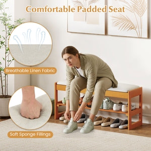 Shoe Rack Bench with Storage 2-Tier Rubberwood Entryway Bench with Flip-Open Storage-Beige