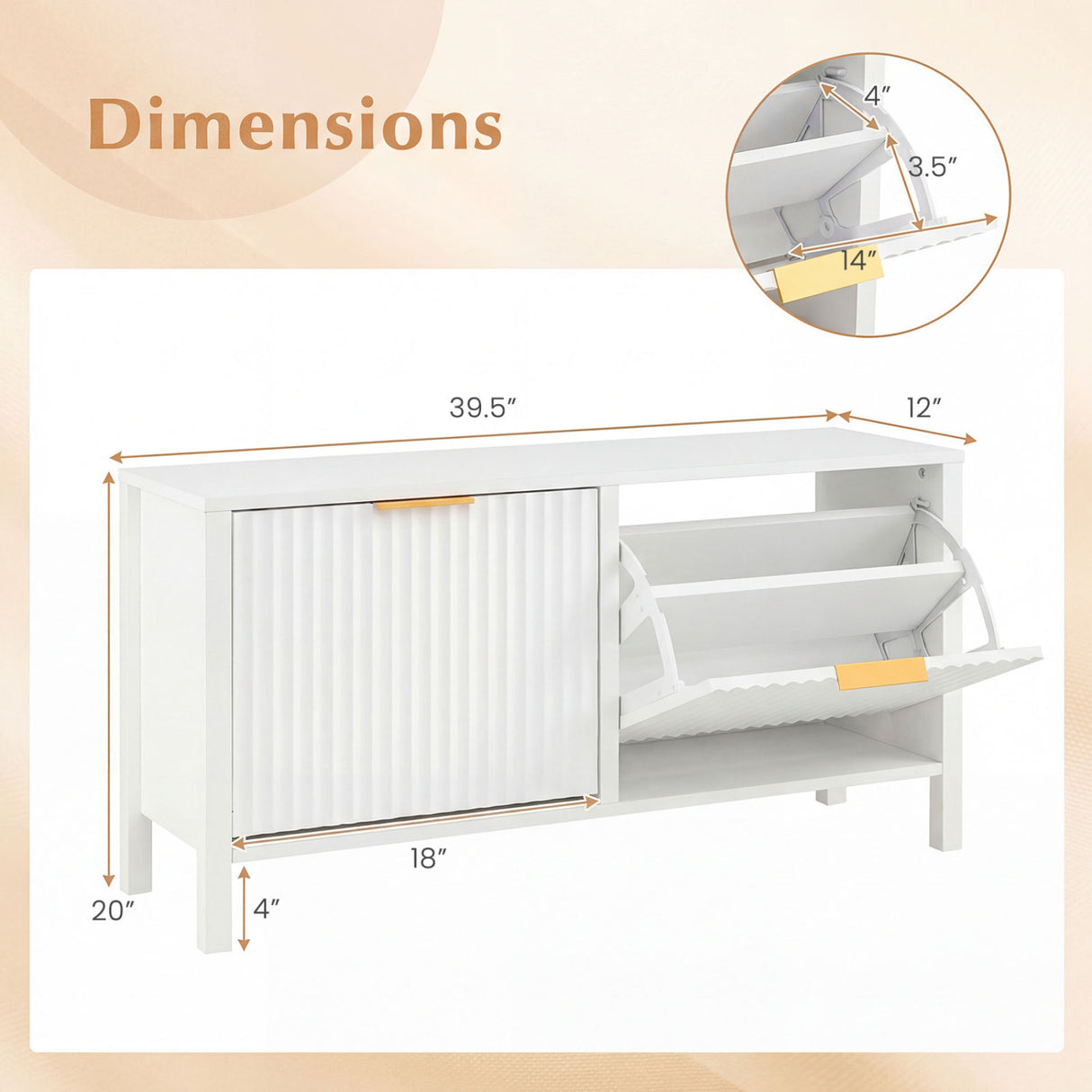Shoe Storage Bench Narrow Wooden Entryway Bench with 2 Flip Drawers-White