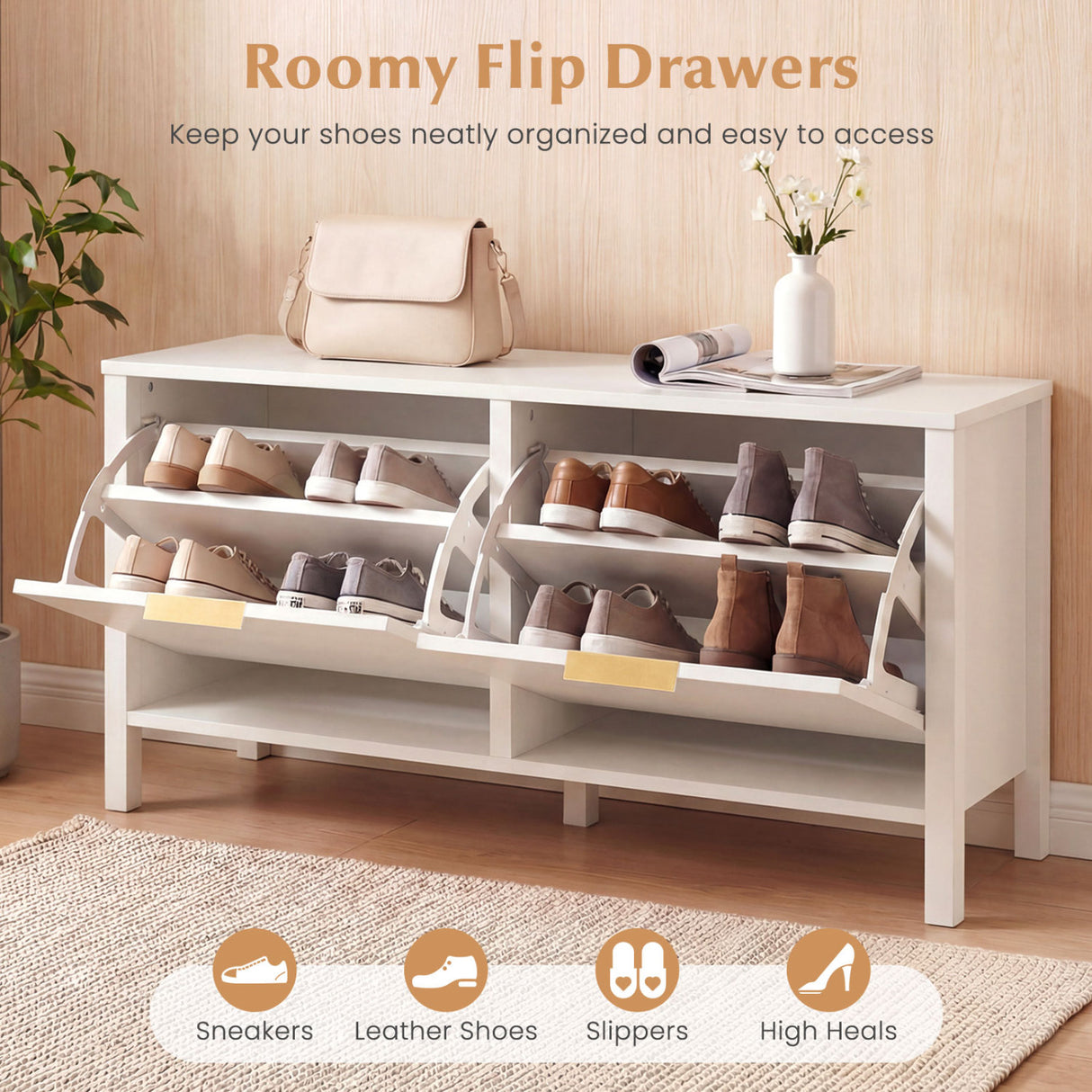 Shoe Storage Bench Narrow Wooden Entryway Bench with 2 Flip Drawers-White