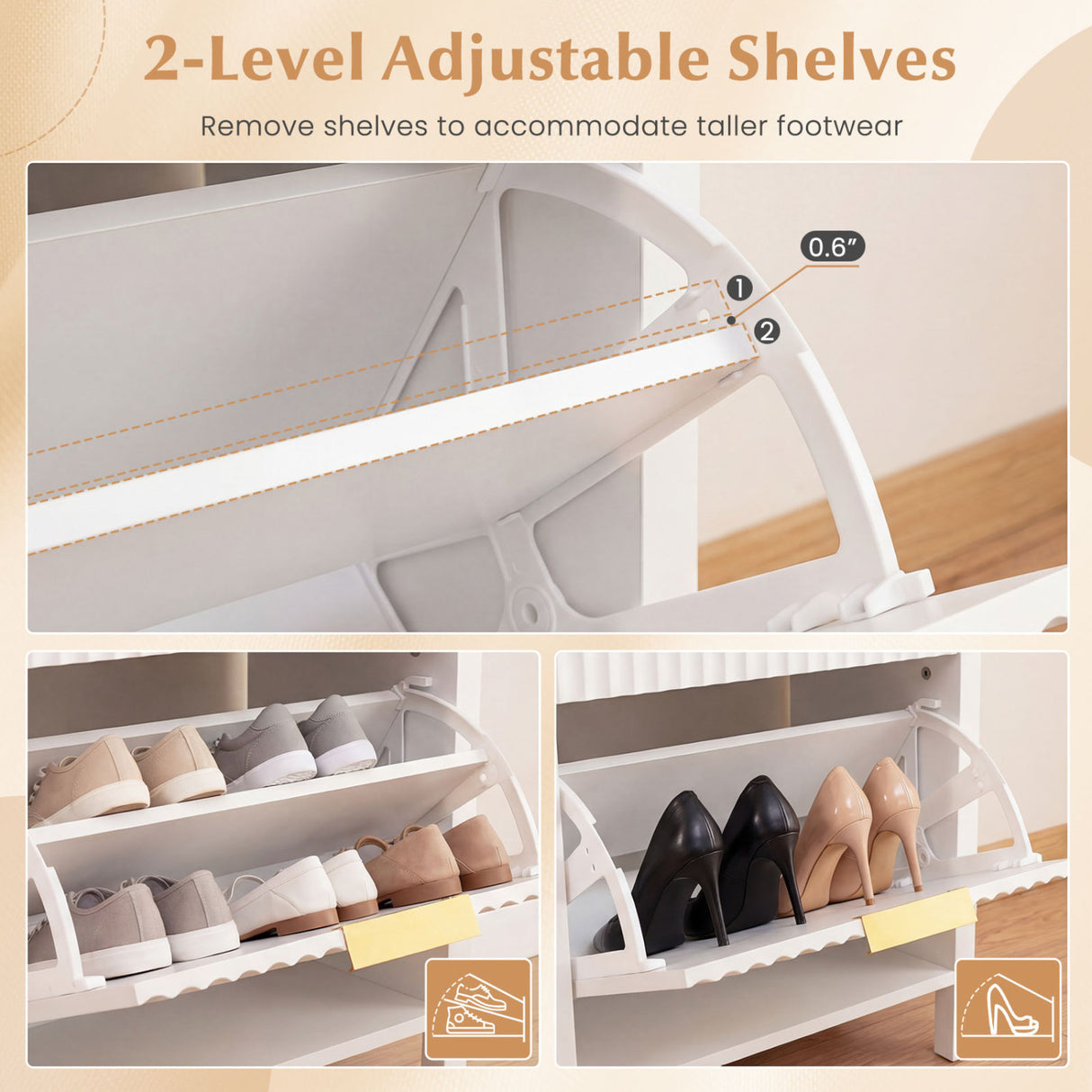 Shoe Storage Bench Narrow Wooden Entryway Bench with 2 Flip Drawers-White