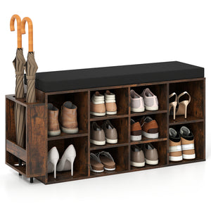 Shoe Storage Bench with Umbrella Stand 10-Cubby Entryway Shoe Rack Organizer-Rustic Brown