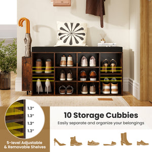 Shoe Storage Bench with Umbrella Stand 10-Cubby Entryway Shoe Rack Organizer-Rustic Brown