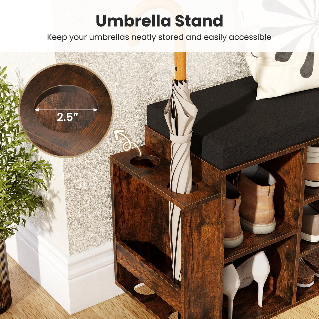 Shoe Storage Bench with Umbrella Stand 10-Cubby Entryway Shoe Rack Organizer-Rustic Brown