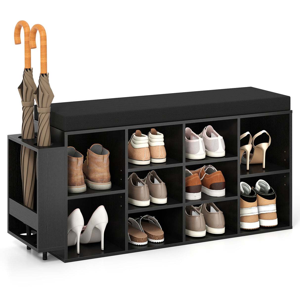 Shoe Storage Bench with Umbrella Stand 10-Cubby Entryway Shoe Rack Organizer-Black
