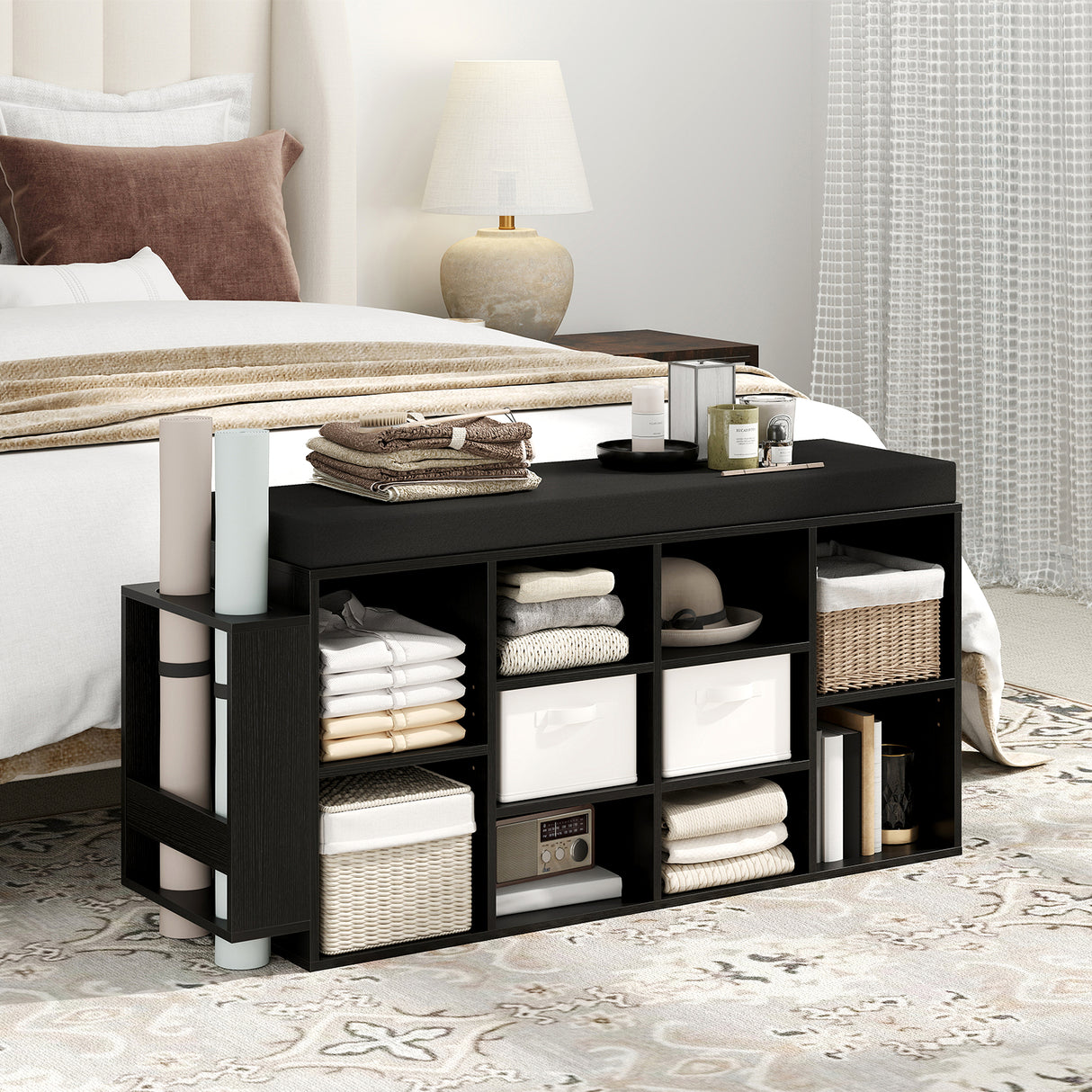 Shoe Storage Bench with Umbrella Stand 10-Cubby Entryway Shoe Rack Organizer-Black