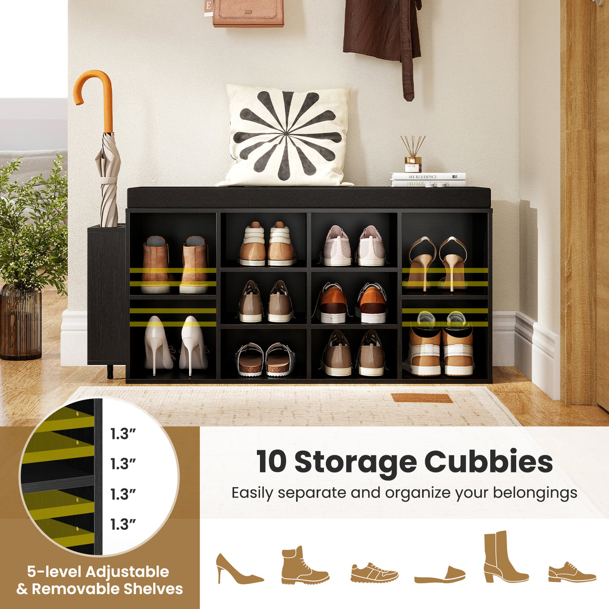 Shoe Storage Bench with Umbrella Stand 10-Cubby Entryway Shoe Rack Organizer-Black