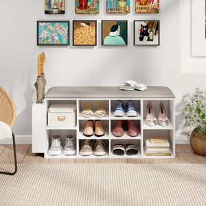 Shoe Storage Bench with Umbrella Stand and Adjustable Shelf-White