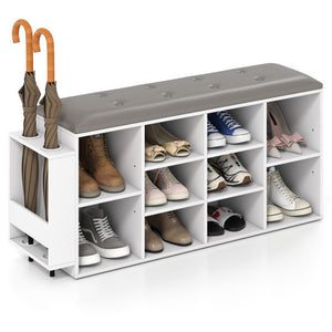 Shoe Storage Bench with Umbrella Stand and Adjustable Shelf-White