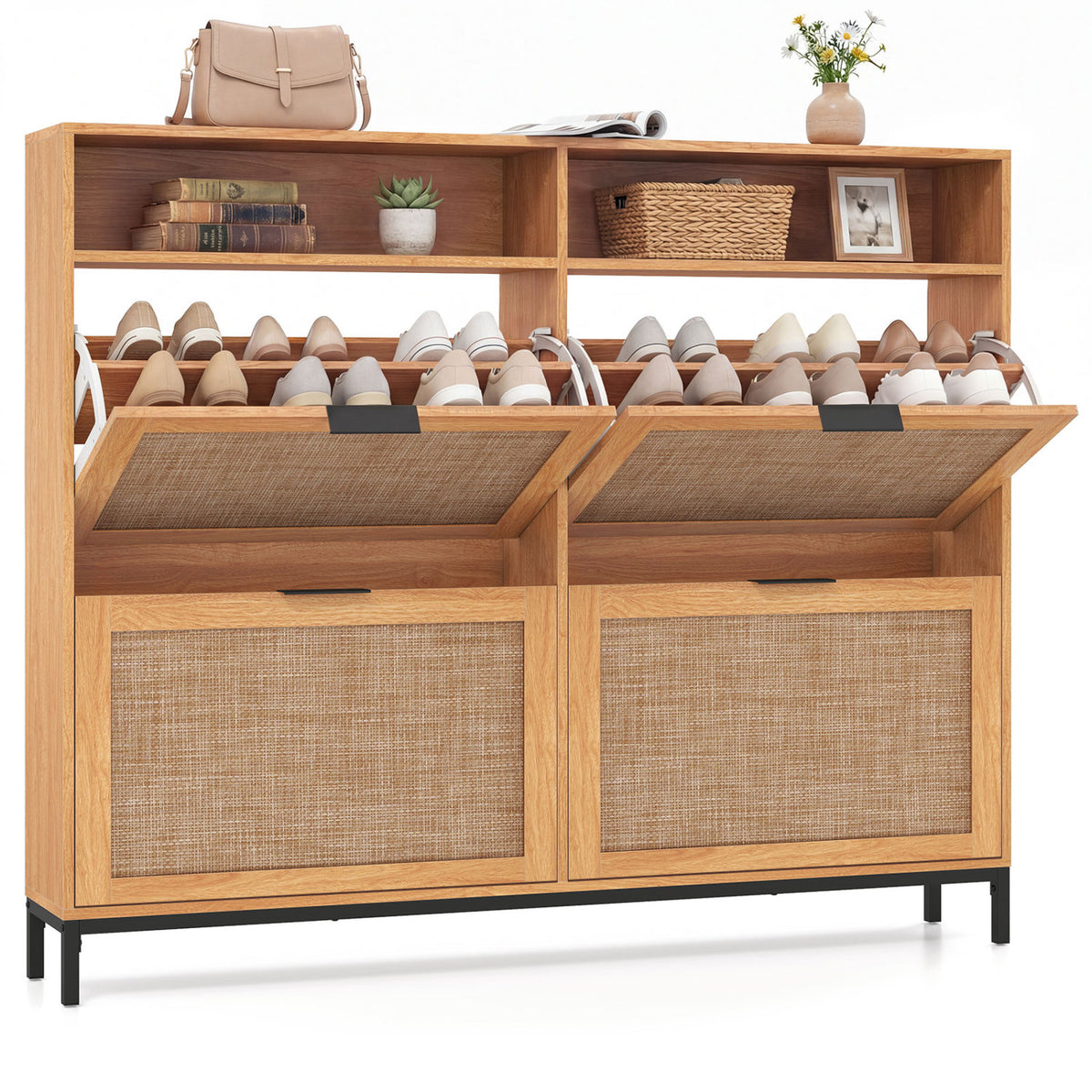 Shoe Storage Cabinet with 4 Flip Drawers Narrow Freestanding Shoe Organizer with Adjustable Shelves-Coffee