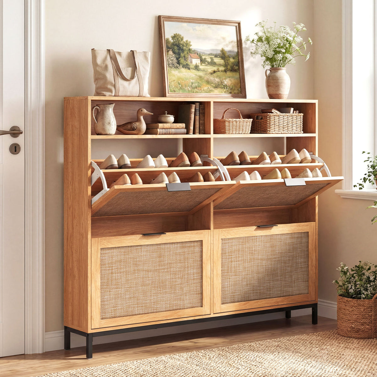 Shoe Storage Cabinet with 4 Flip Drawers Narrow Freestanding Shoe Organizer with Adjustable Shelves-Coffee