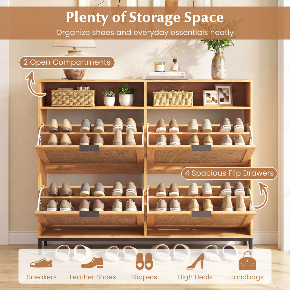 Shoe Storage Cabinet with 4 Flip Drawers Narrow Freestanding Shoe Organizer with Adjustable Shelves-Coffee