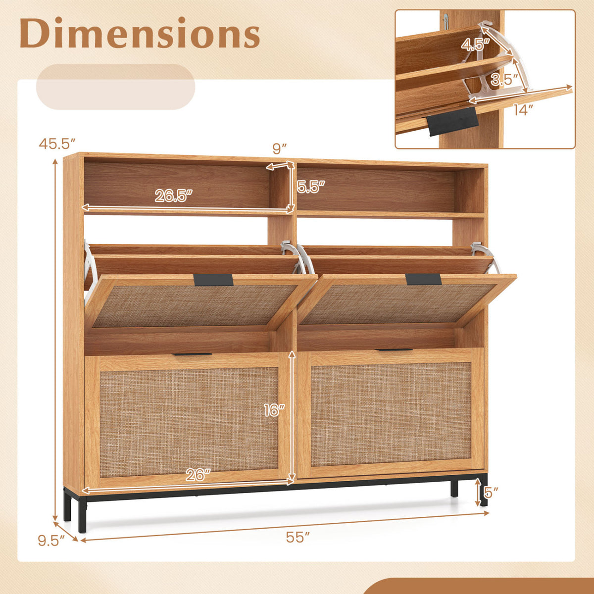 Shoe Storage Cabinet with 4 Flip Drawers Narrow Freestanding Shoe Organizer with Adjustable Shelves-Coffee