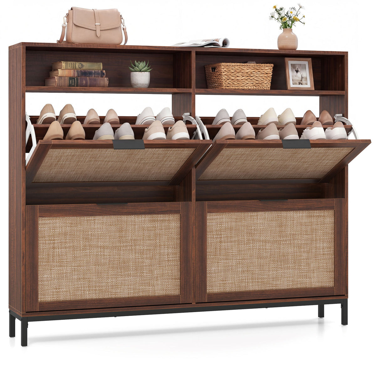 Shoe Storage Cabinet with 4 Flip Drawers Narrow Freestanding Shoe Organizer with Adjustable Shelves-Brown